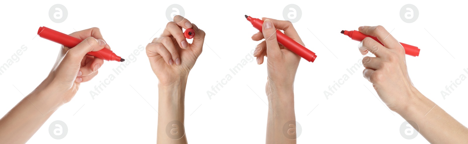 Image of Collage with photos of woman holding red markers on white background, closeup