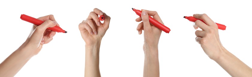 Collage with photos of woman holding red markers on white background, closeup