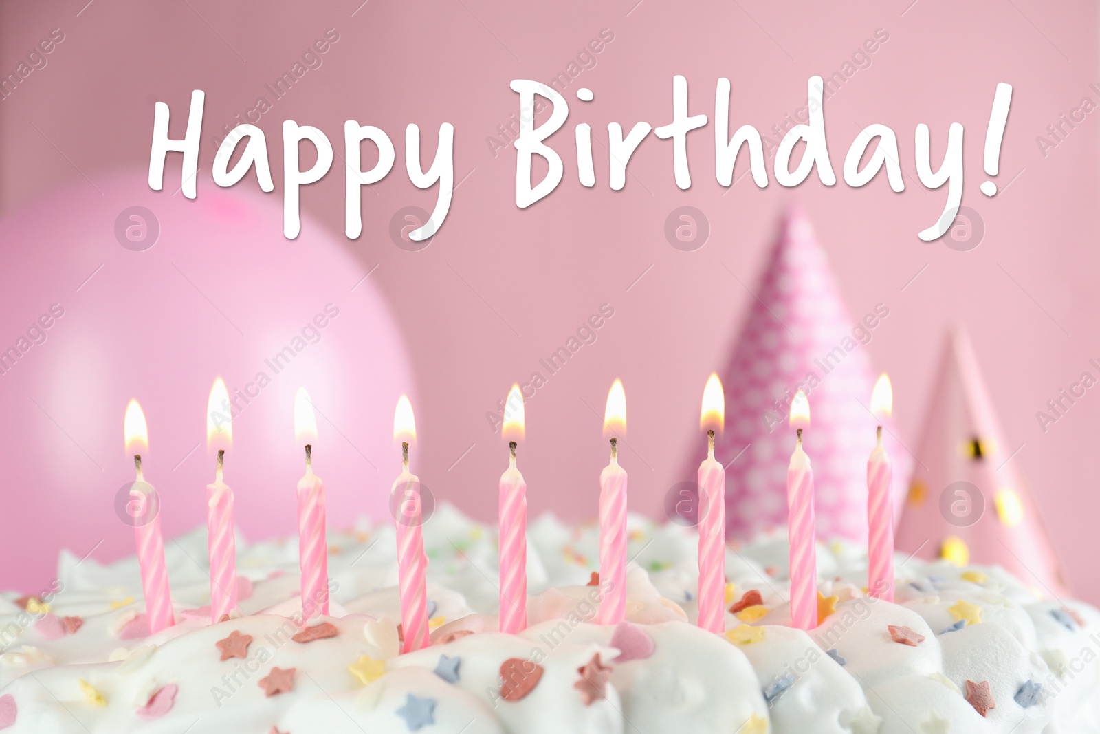 Image of Happy Birthday! Delicious cake with burning candles on blurred background, closeup