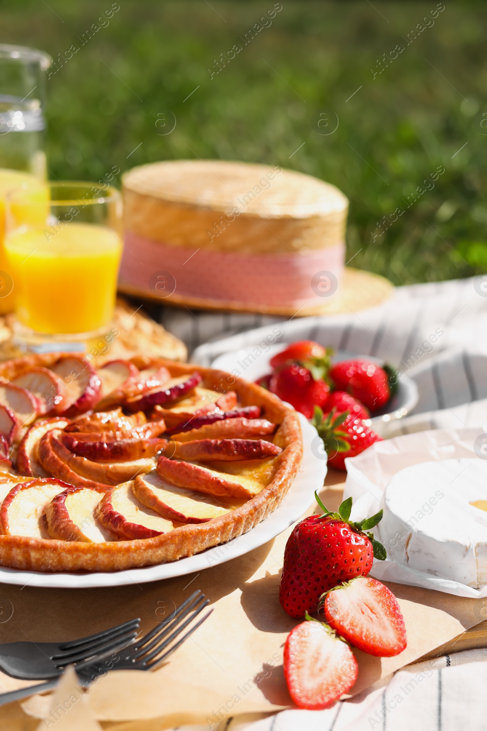 Photo of Blanket with different products outdoors. Summer picnic