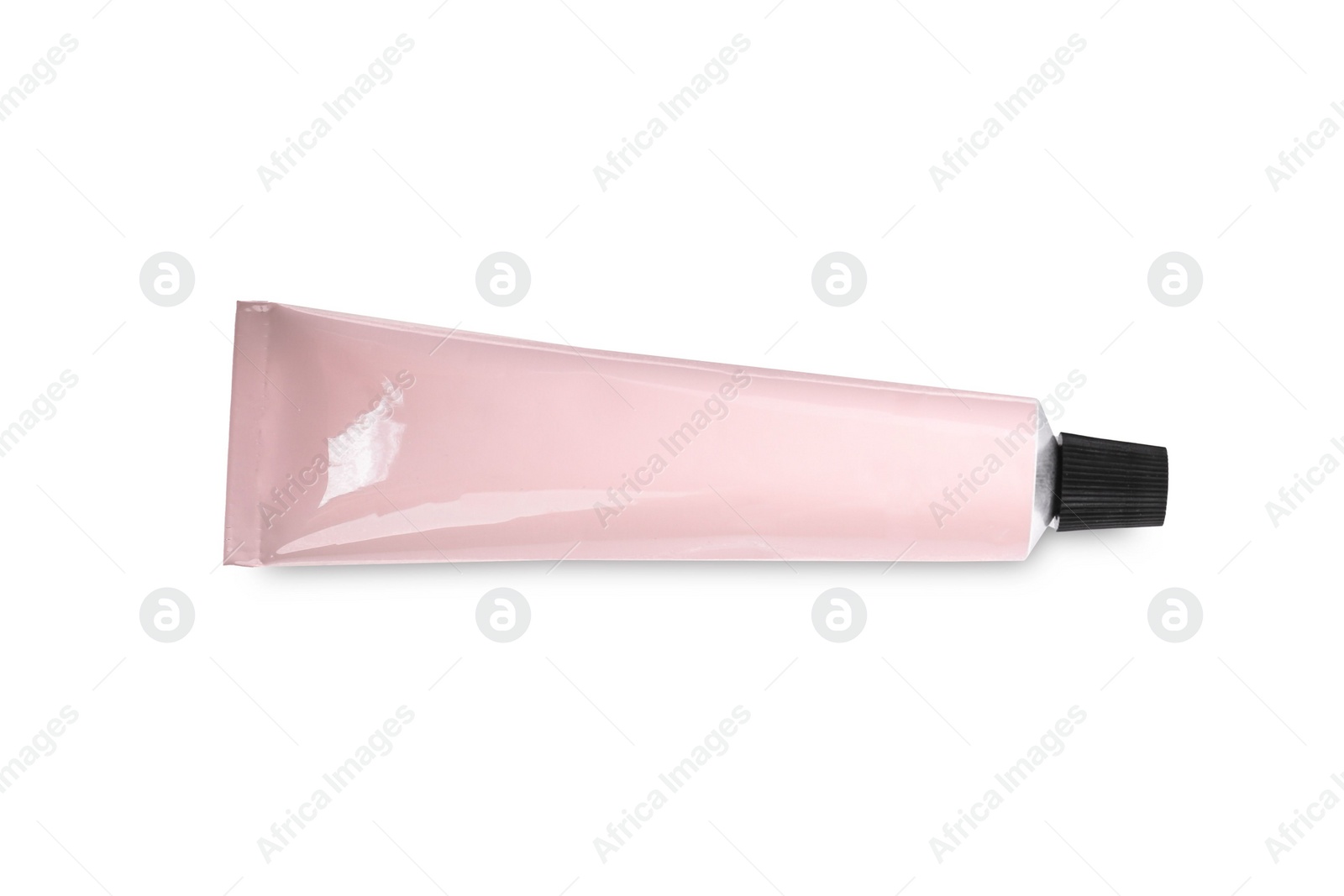 Photo of Tube of hand cream isolated on white, top view