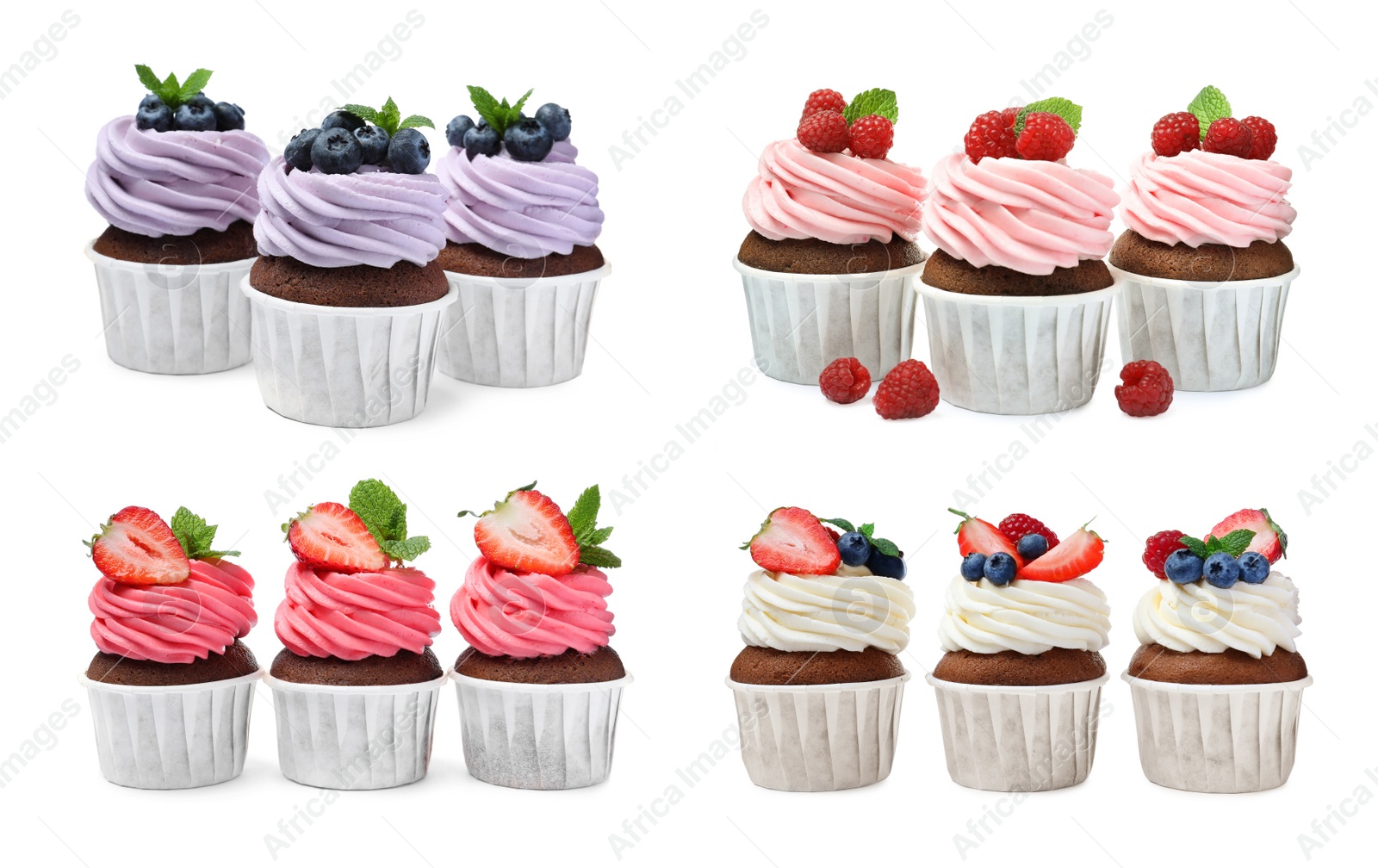 Image of Set with delicious cupcakes on white background