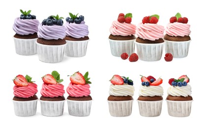 Set with delicious cupcakes on white background