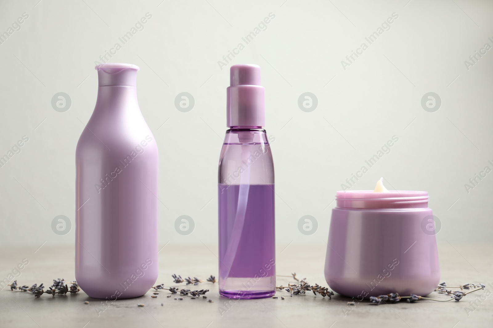 Photo of Set of hair care cosmetic products and dry lavender flowers on light grey stone table