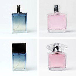 Image of Set with different bottles of perfume on white background