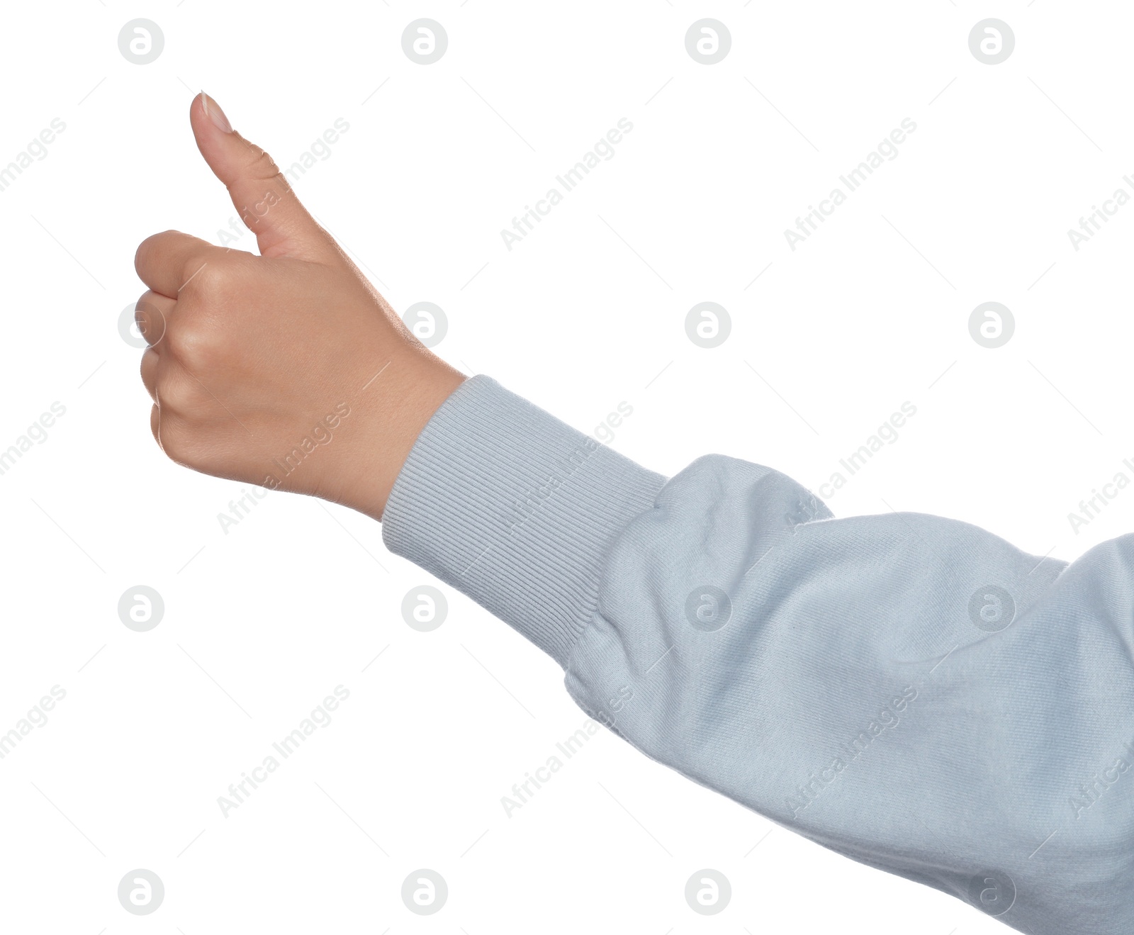 Photo of Woman hitchhiking on white background, closeup view