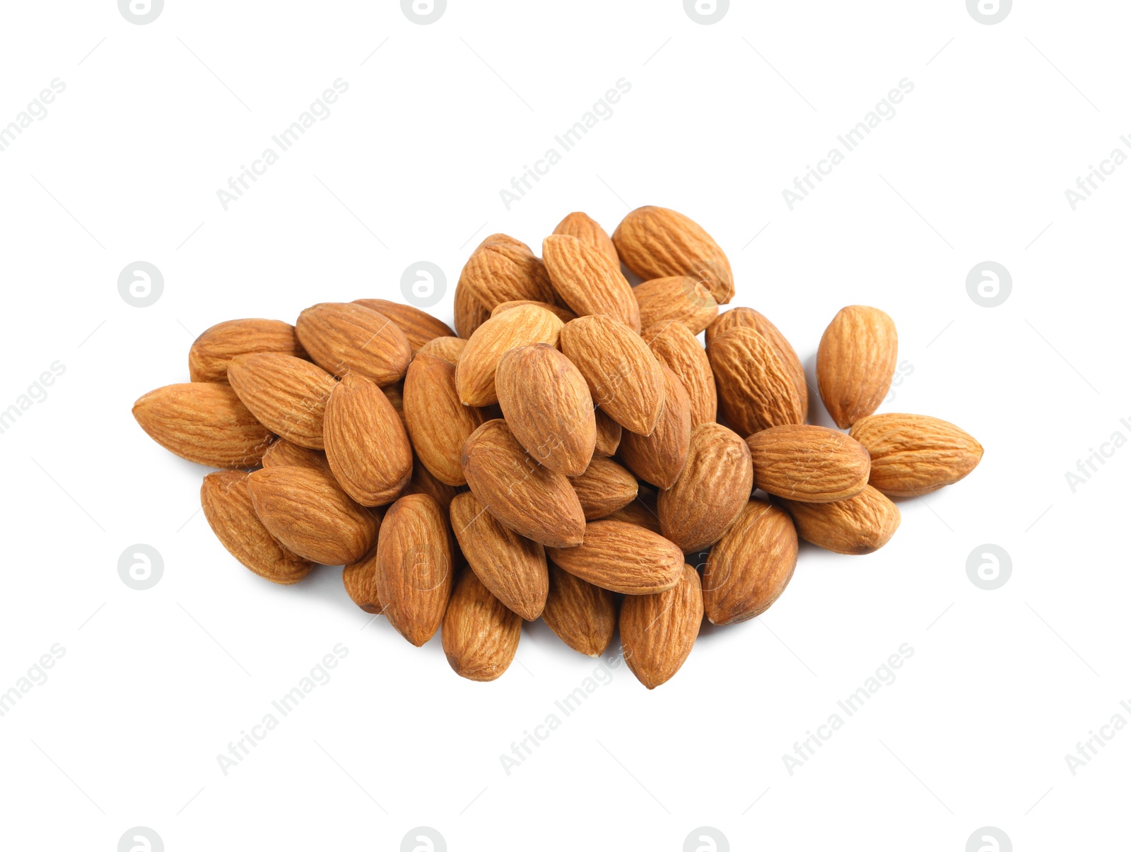 Photo of Pile of organic almond nuts on white background. Healthy snack