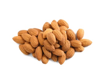 Photo of Pile of organic almond nuts on white background. Healthy snack