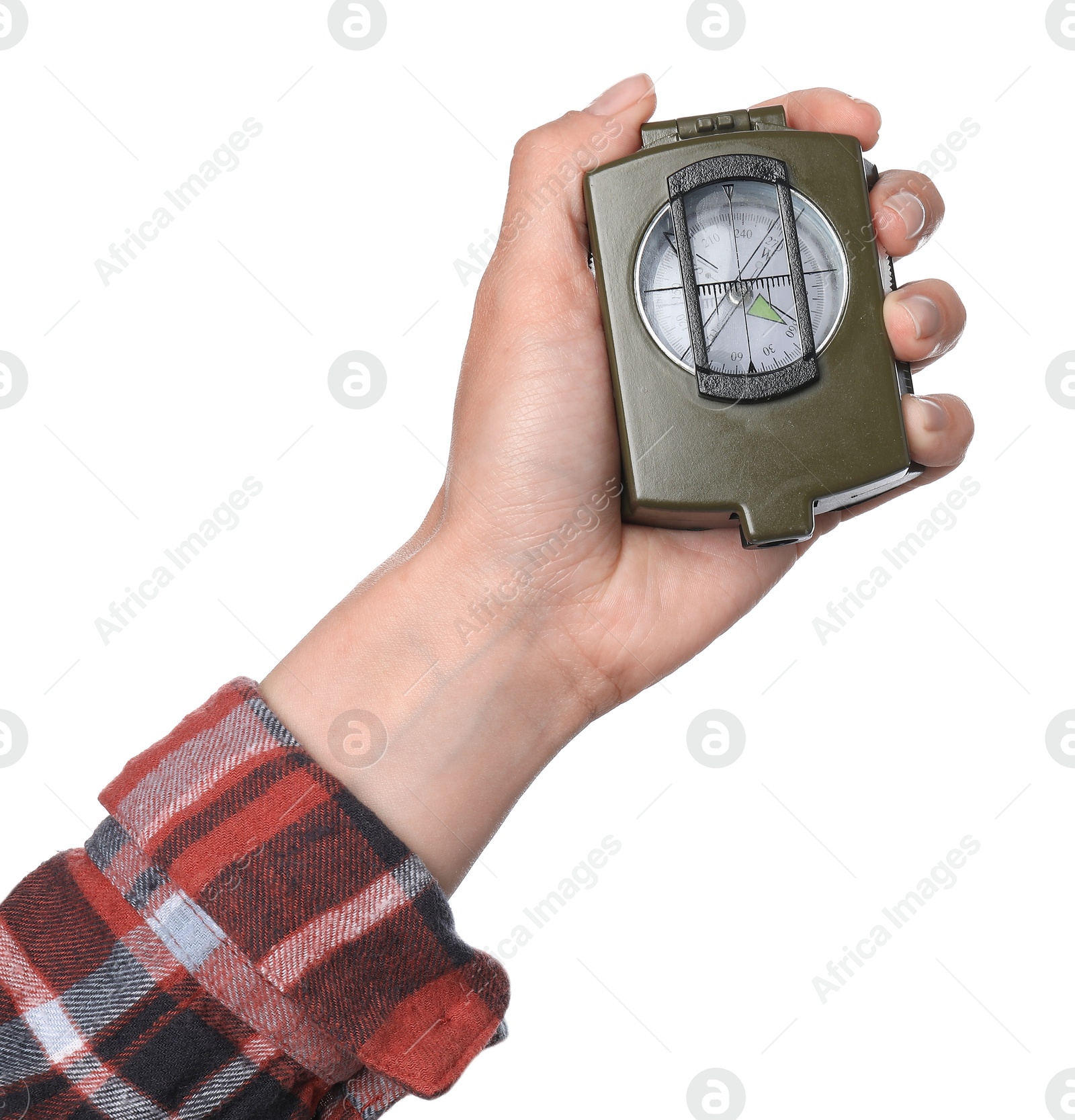 Photo of Woman holding compass on white background, closeup