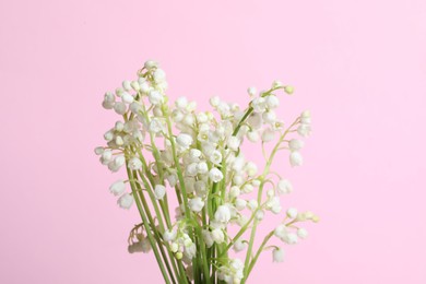 Beautiful lily of the valley flowers on pink background