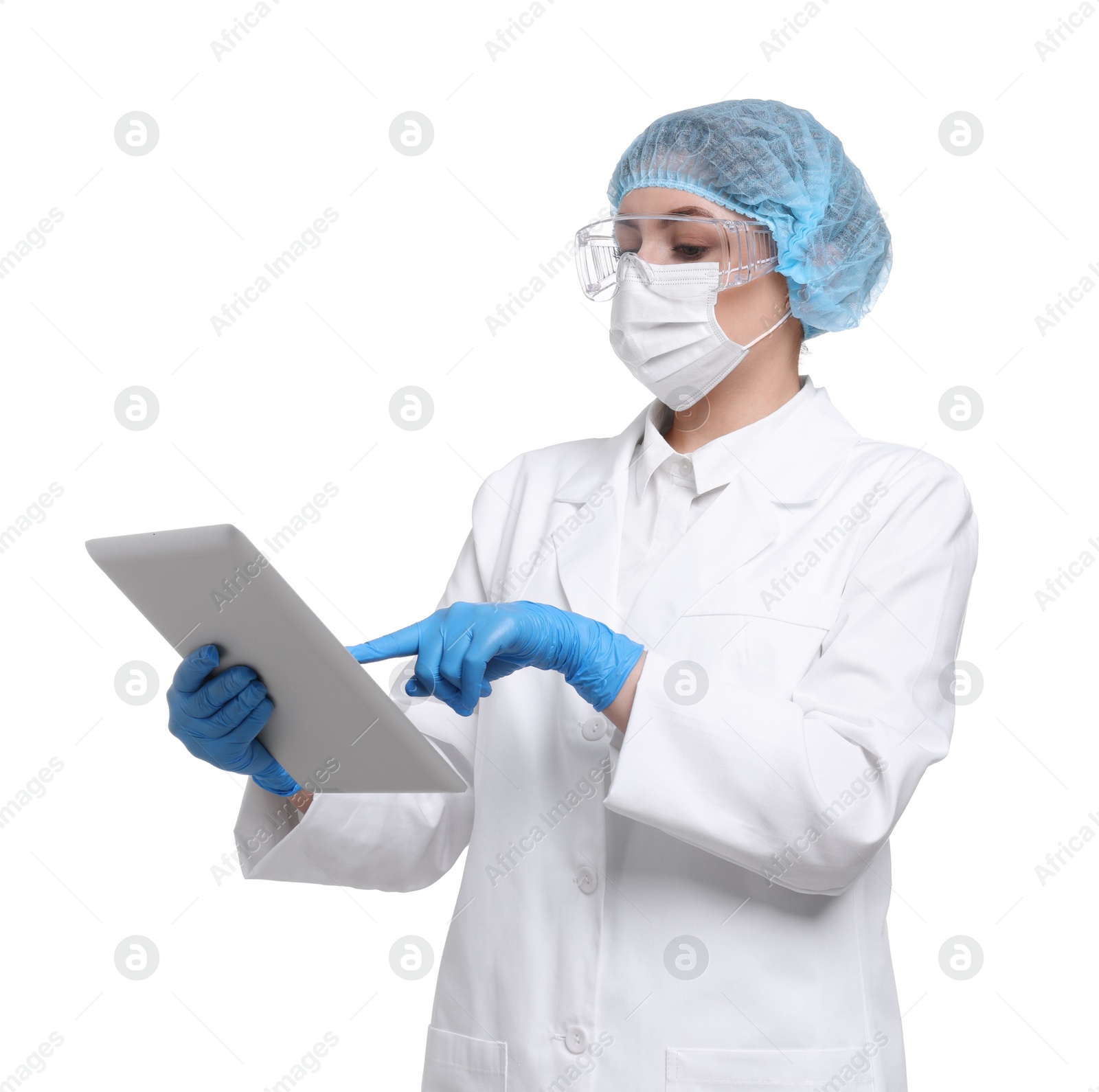 Photo of Quality control. Food inspector with tablet on white background