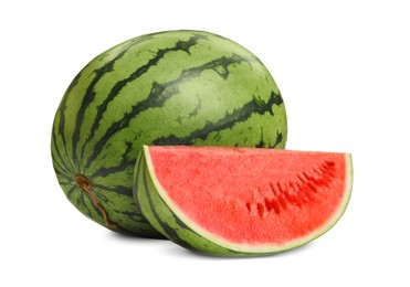 Photo of Ripe whole and cut watermelons isolated on white