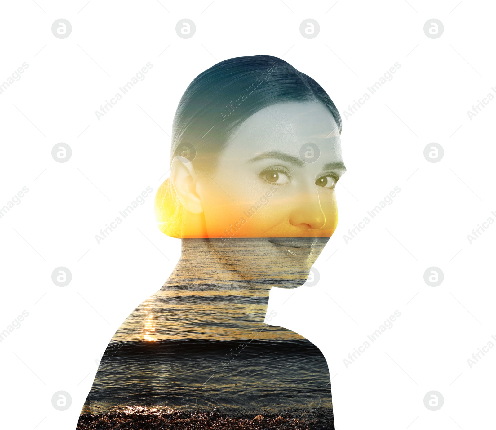 Image of Double exposure of beautiful woman and sea at sunset