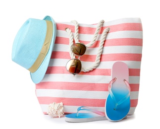 Photo of Composition with beach objects on white background