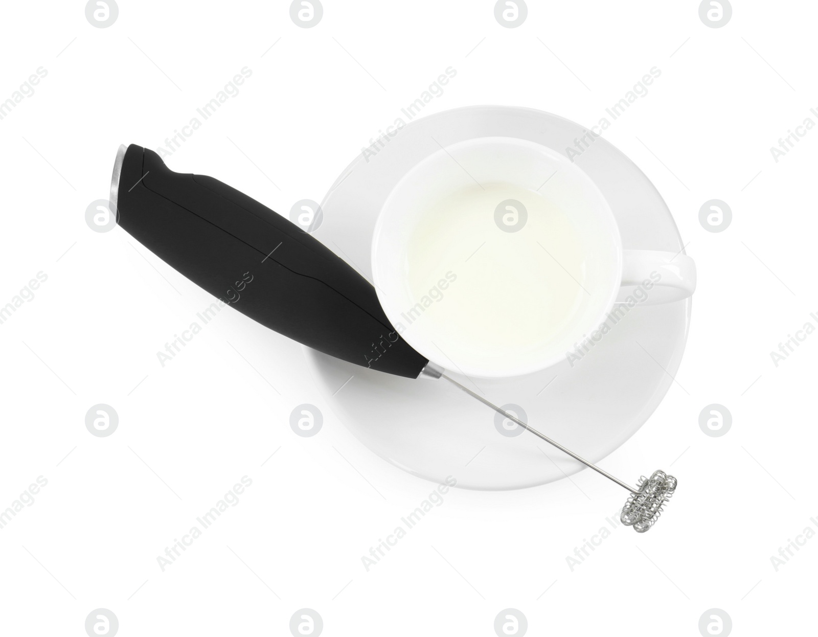 Photo of Milk frother wand and cup isolated on white, top view