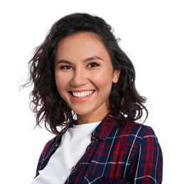 Portrait of happy young woman on white background