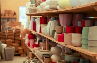 Photo of Many different flower pots on shelves in gardening shop