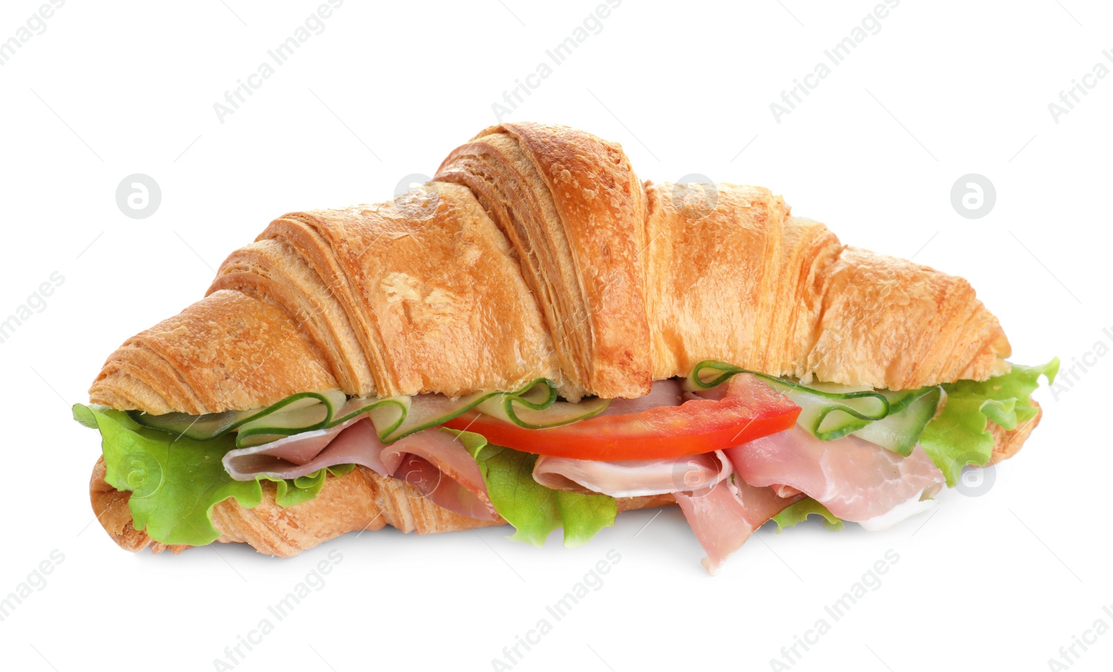 Photo of Tasty croissant sandwich with ham and tomato isolated on white