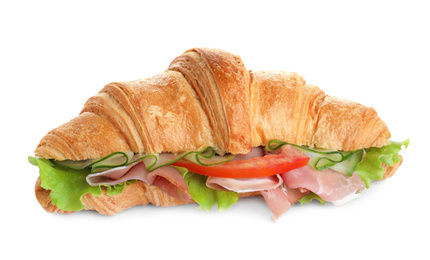 Photo of Tasty croissant sandwich with ham and tomato isolated on white