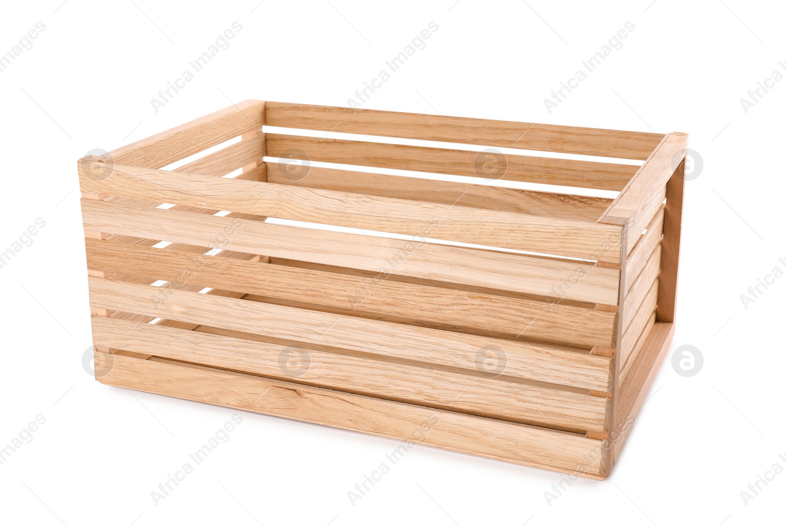 Photo of New empty wooden crate isolated on white