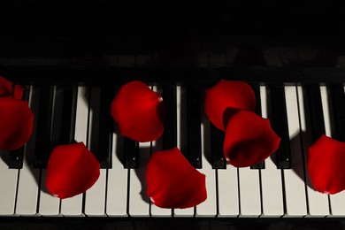 Photo of Many red rose petals on piano keys, above view
