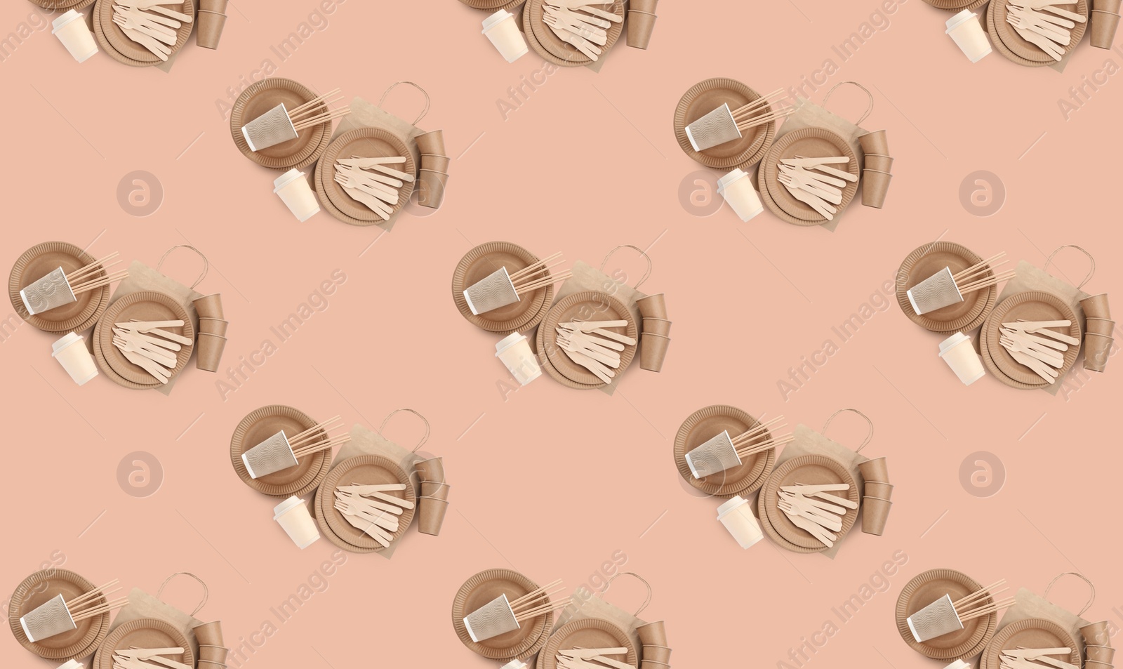 Image of Many disposable paper tableware on beige background, flat lay. Seamless pattern design