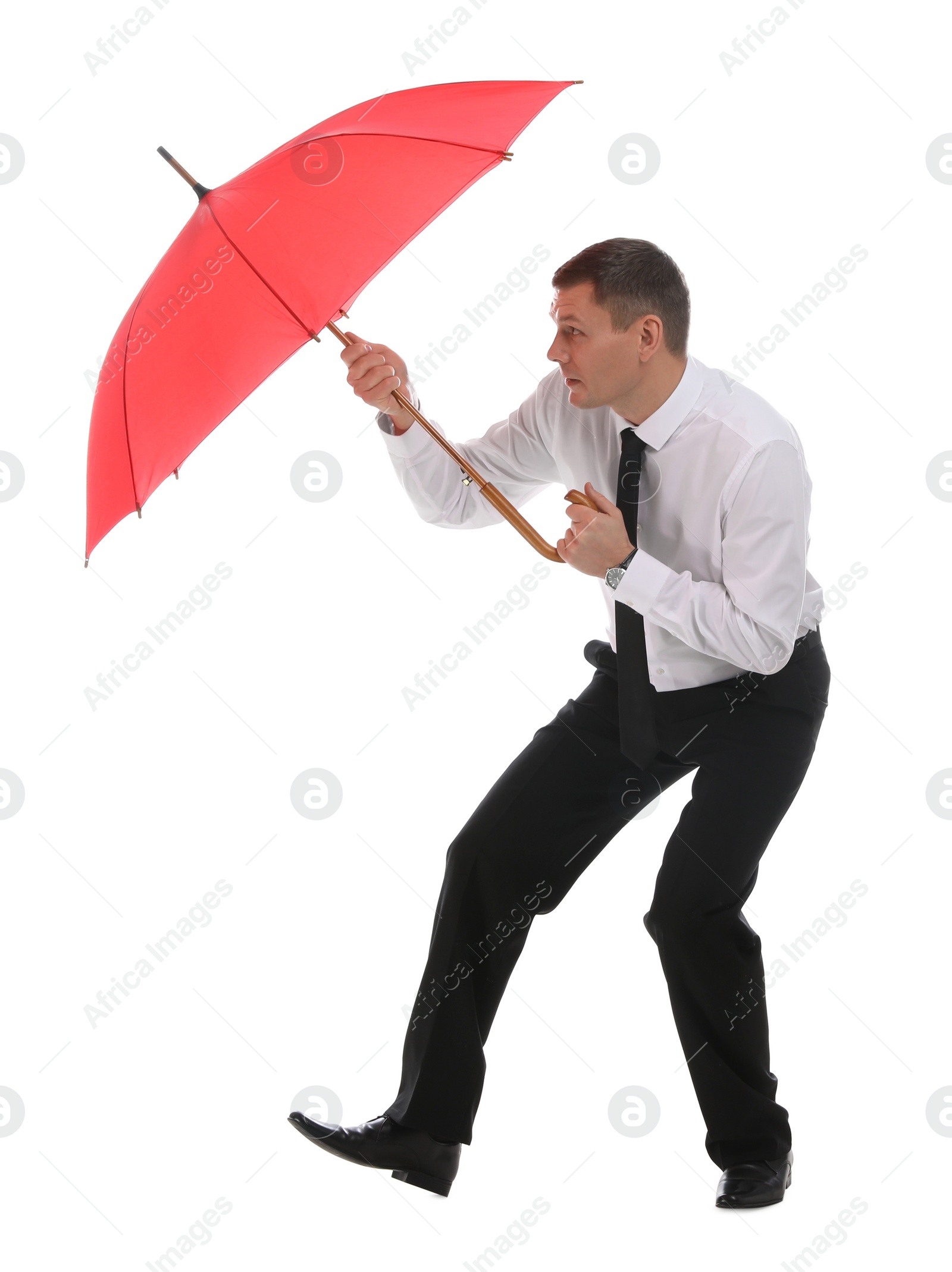 Photo of Businessman with red umbrella on white background