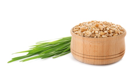 Bowl with seeds and wheat grass on white background