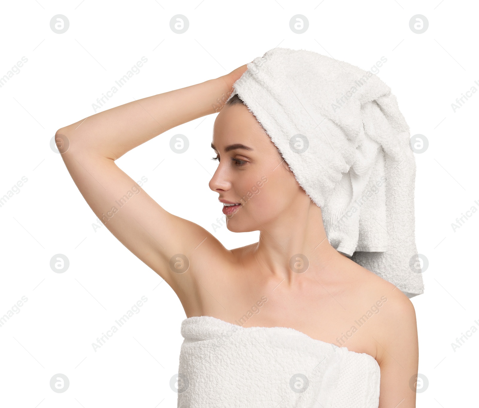 Photo of Beautiful woman showing armpit with smooth clean skin on white background