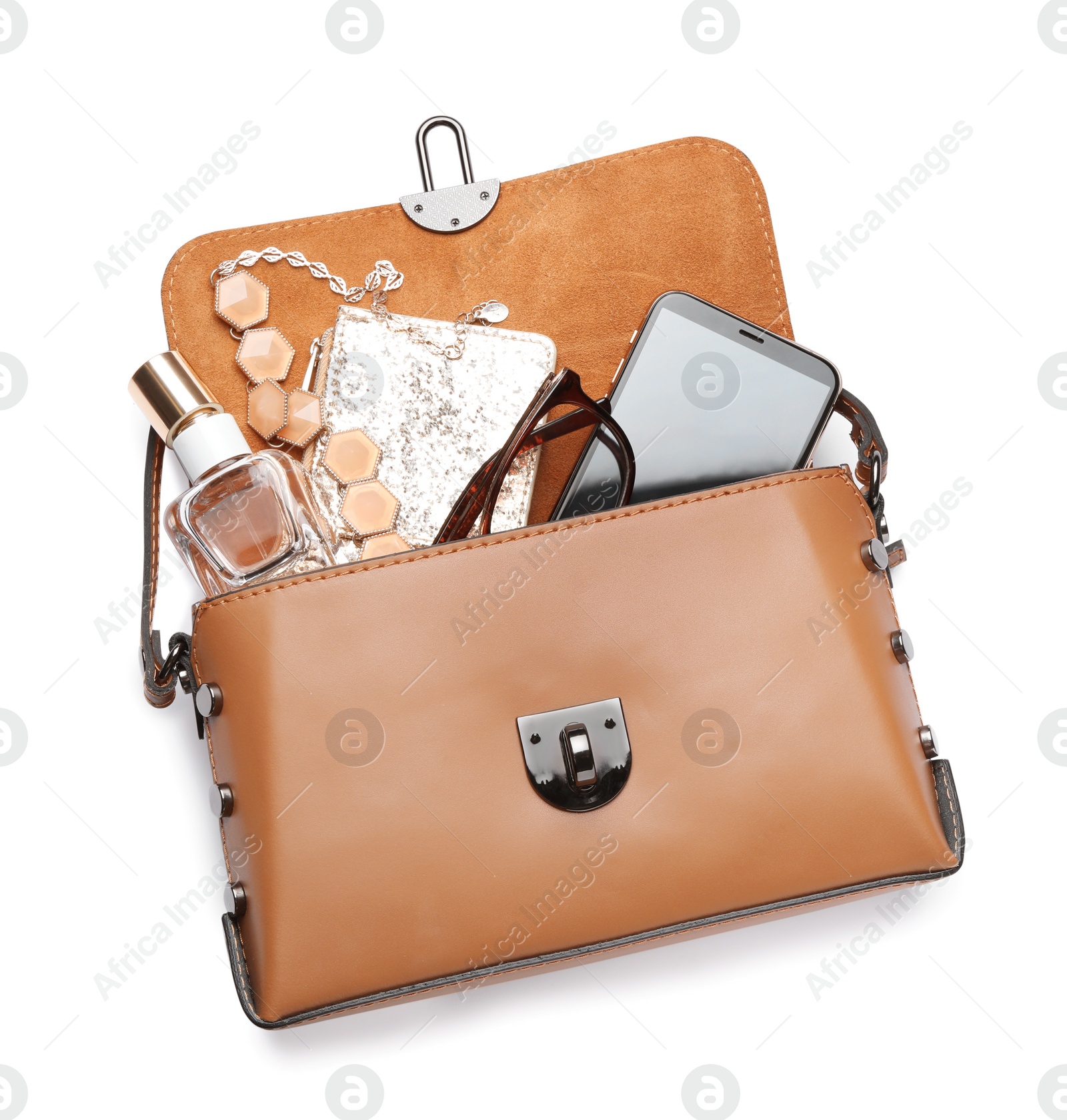 Photo of Stylish woman's bag with smartphone and accessories on white background, top view