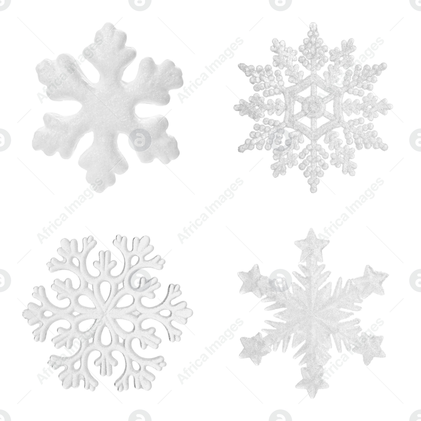 Image of Set of beautiful decorative snowflakes on white background