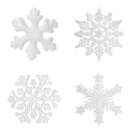 Image of Set of beautiful decorative snowflakes on white background