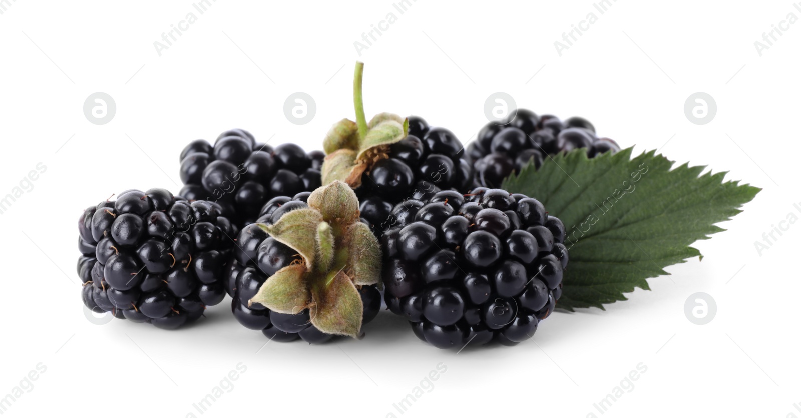 Photo of Delicious fresh ripe blackberries with leaf isolated on white