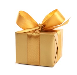 Photo of Beautiful gift box with golden ribbon and bow on white background