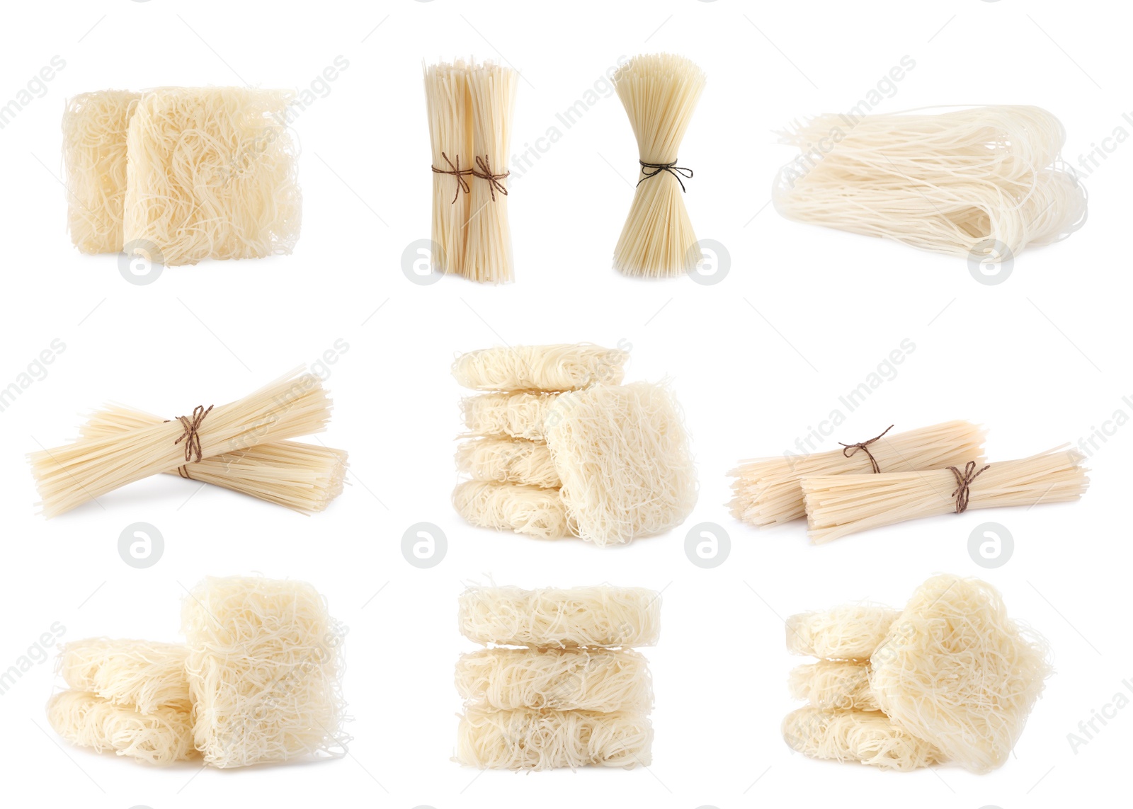 Image of Set with dried rice noodles on white background