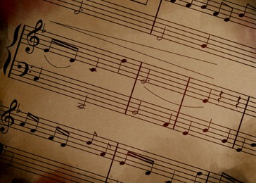 Image of Sheet music. Different musical symbols combined into composition on old paper, closeup