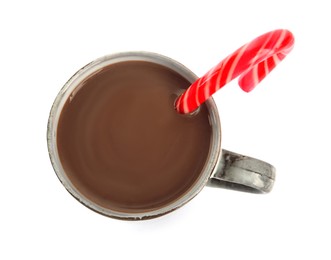 Photo of Cup of delicious hot chocolate with candy cane isolated on white, top view