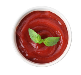 Photo of Delicious tomato sauce in bowl isolated on white, top view