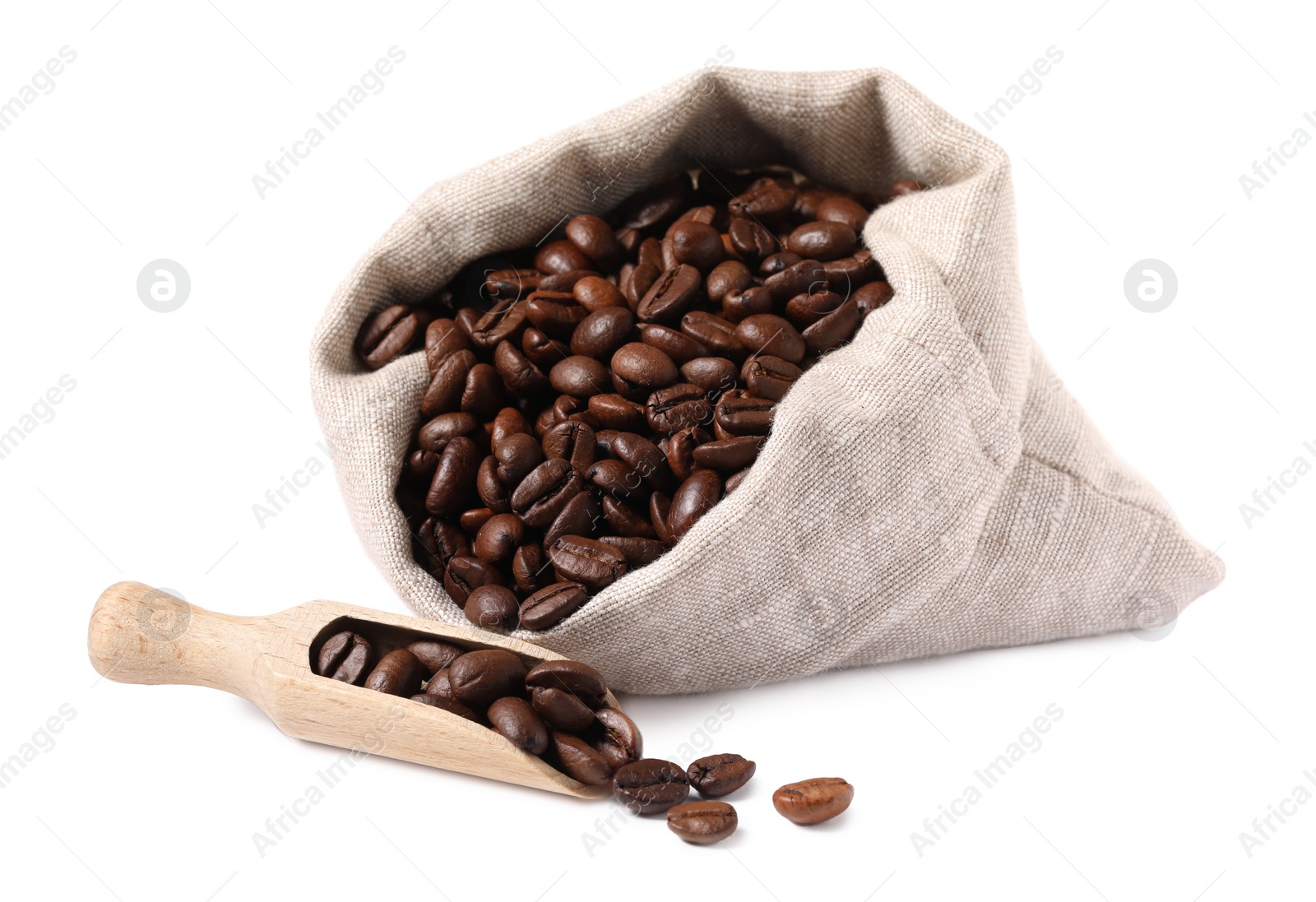 Photo of Bag and wooden scoop with roasted coffee beans isolated on white