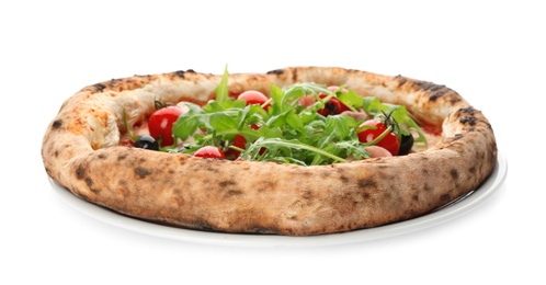 Photo of Tasty pizza with meat and arugula isolated on white