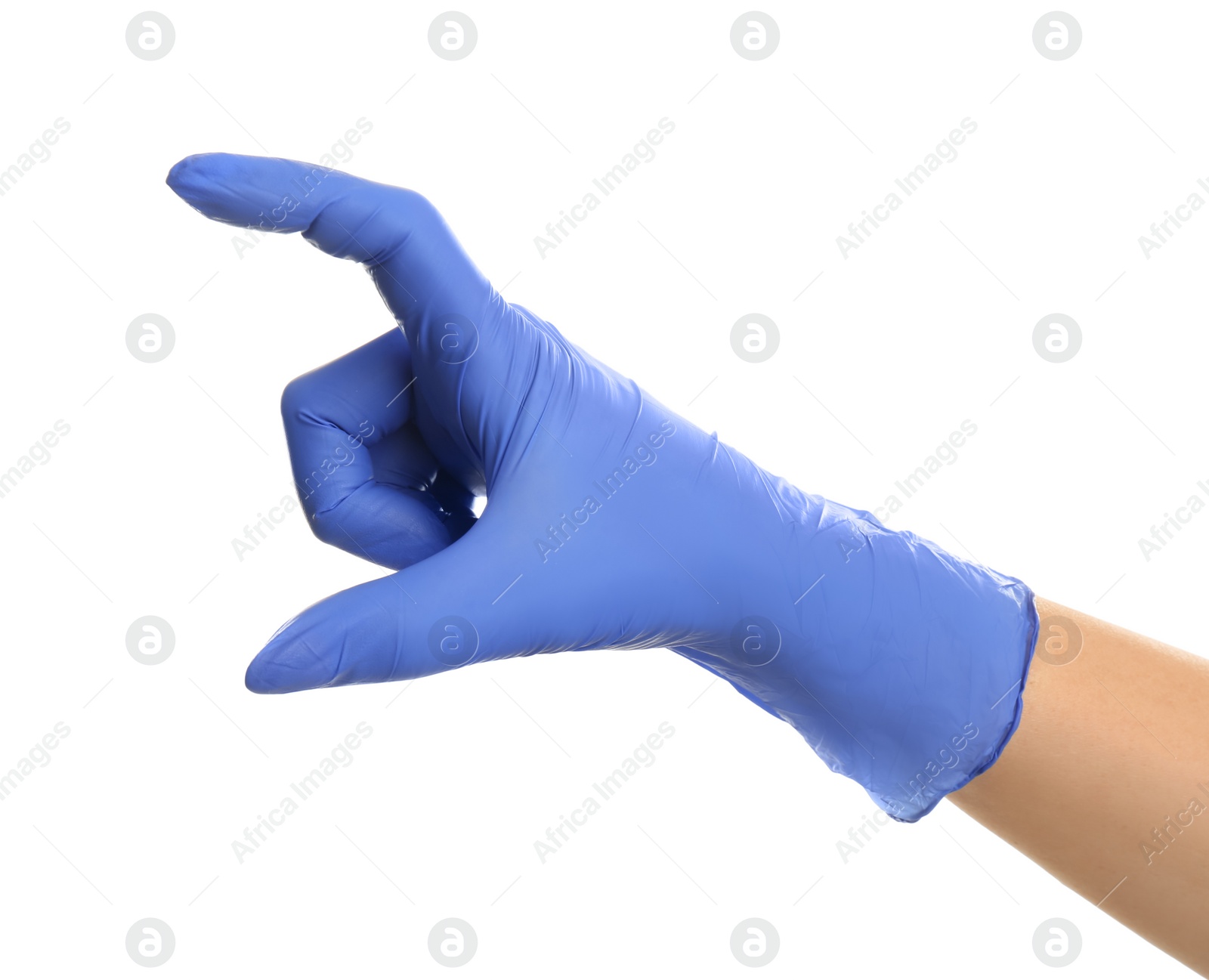 Photo of Woman in blue latex gloves holding something on white background, closeup of hand