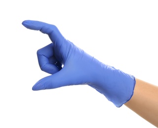 Photo of Woman in blue latex gloves holding something on white background, closeup of hand