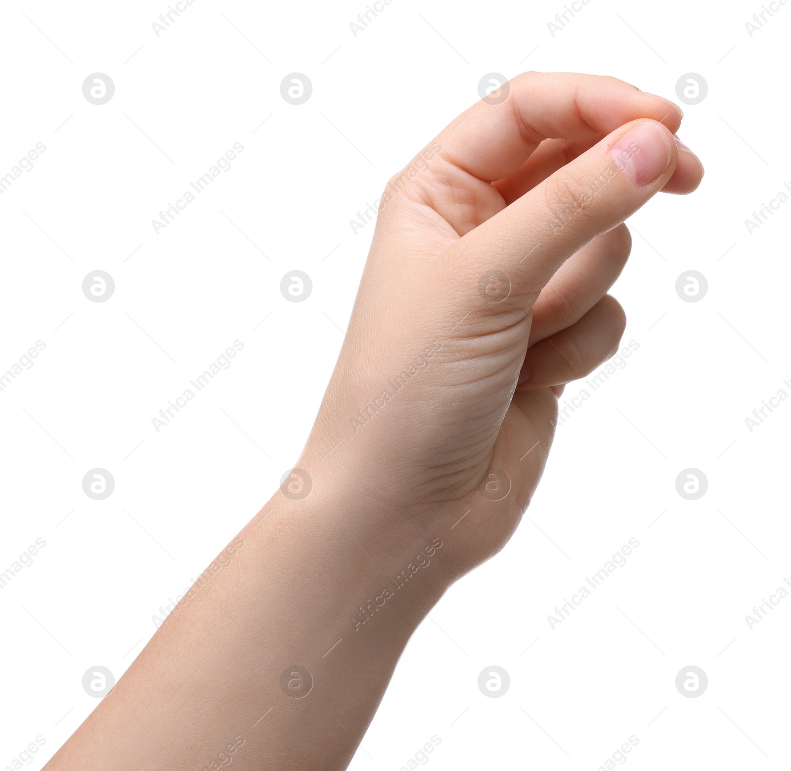 Photo of Woman holding something in fingers on white background, closeup