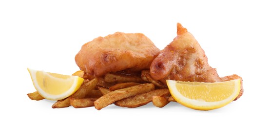 Photo of Tasty fish and chips with lemon isolated on white