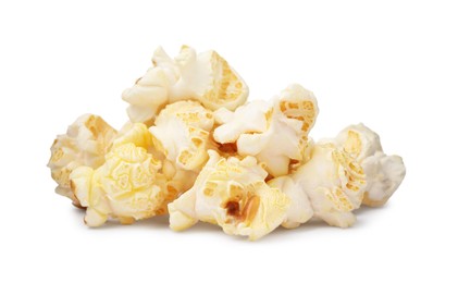 Photo of Fresh popcorn isolated on white. Tasty snack