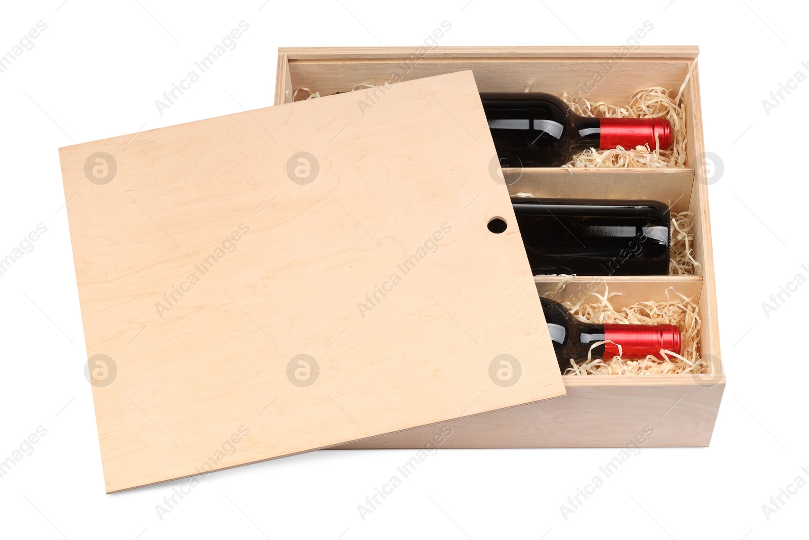 Photo of Wooden gift box with wine bottles isolated on white