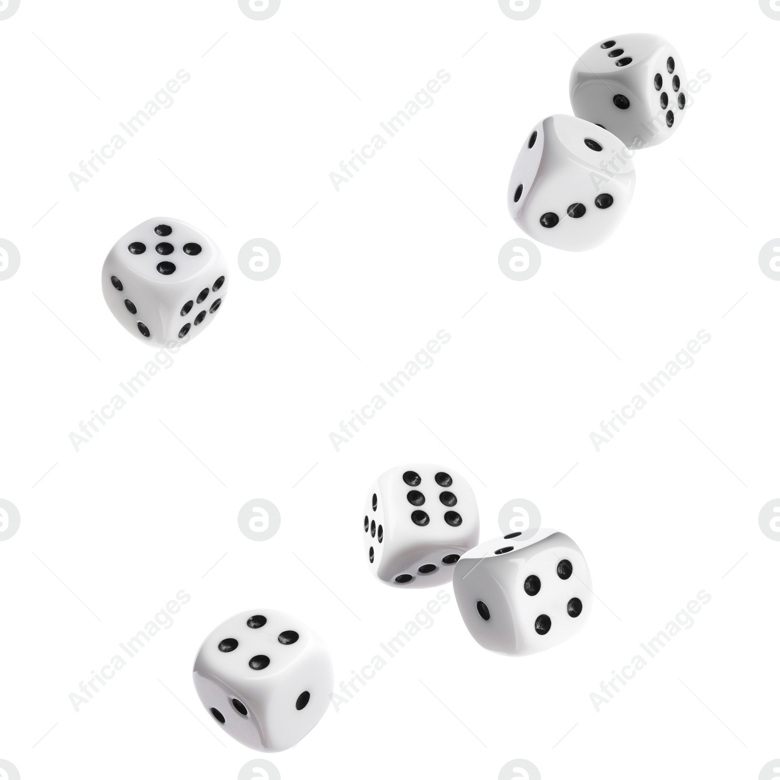 Image of Six dice in air on white background