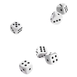 Six dice in air on white background