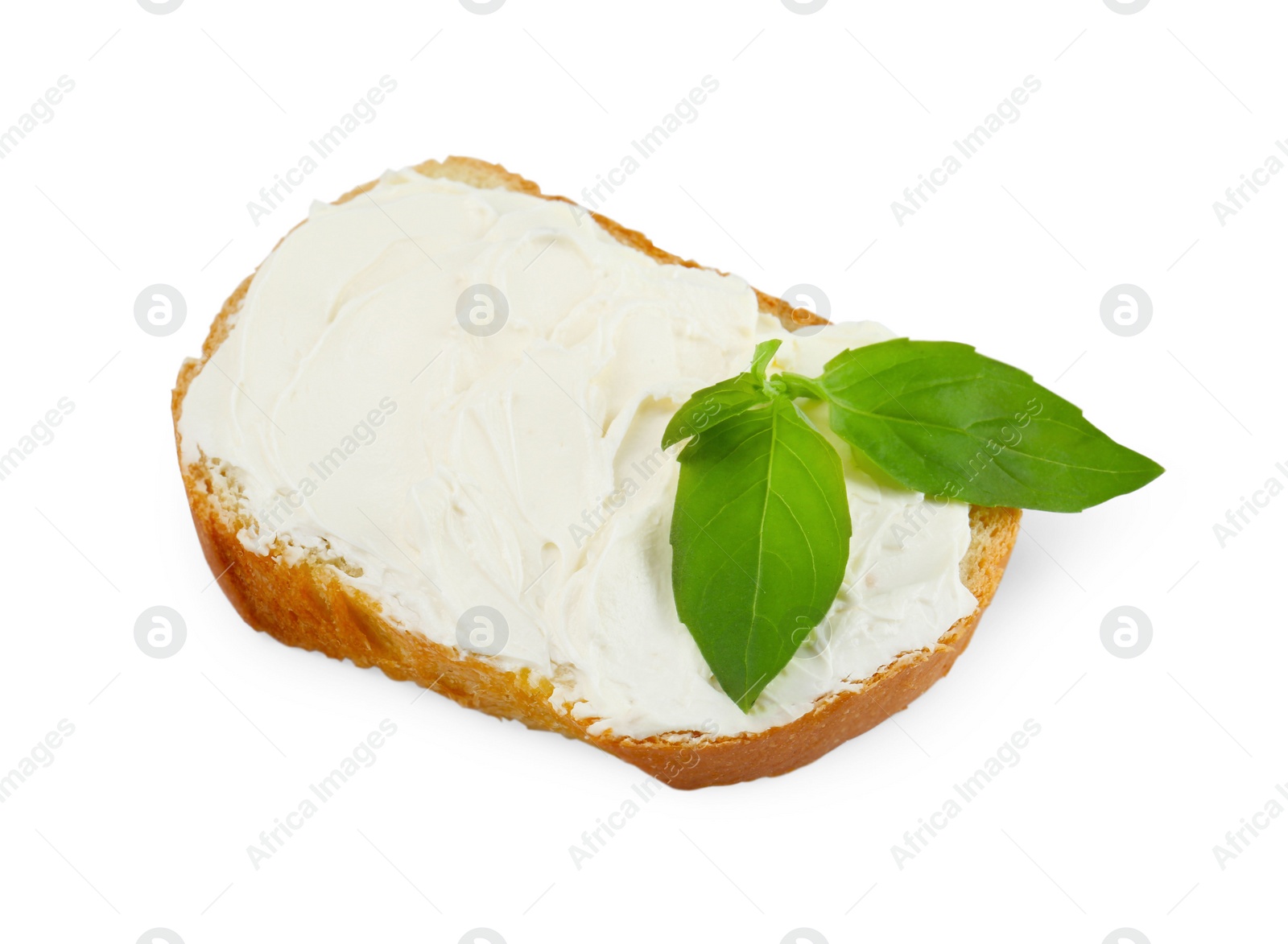 Photo of Bread with cream cheese and basil leaves isolated on white