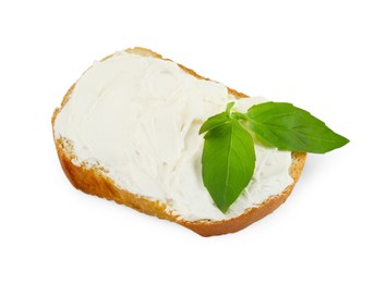 Bread with cream cheese and basil leaves isolated on white